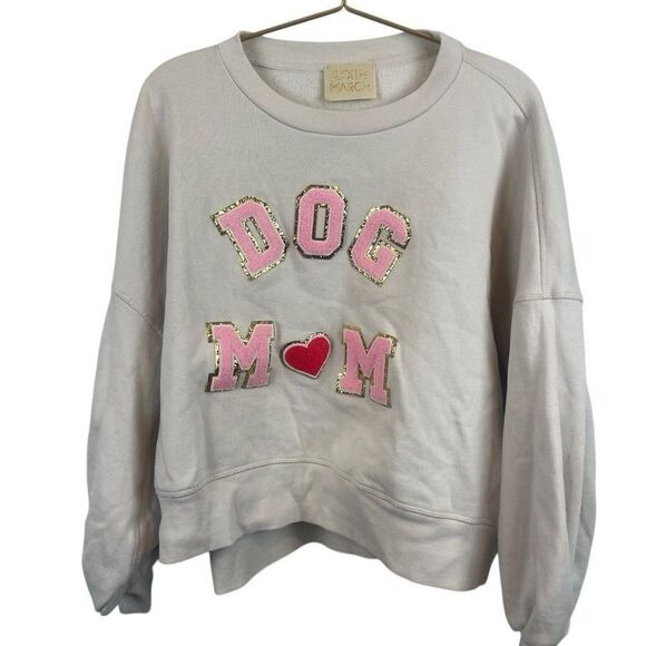 Judith‎ March Chenille Dog Mom  Cream Semi Cropped Oversized Sweatshirt Sz Large - Picture 1 of 8